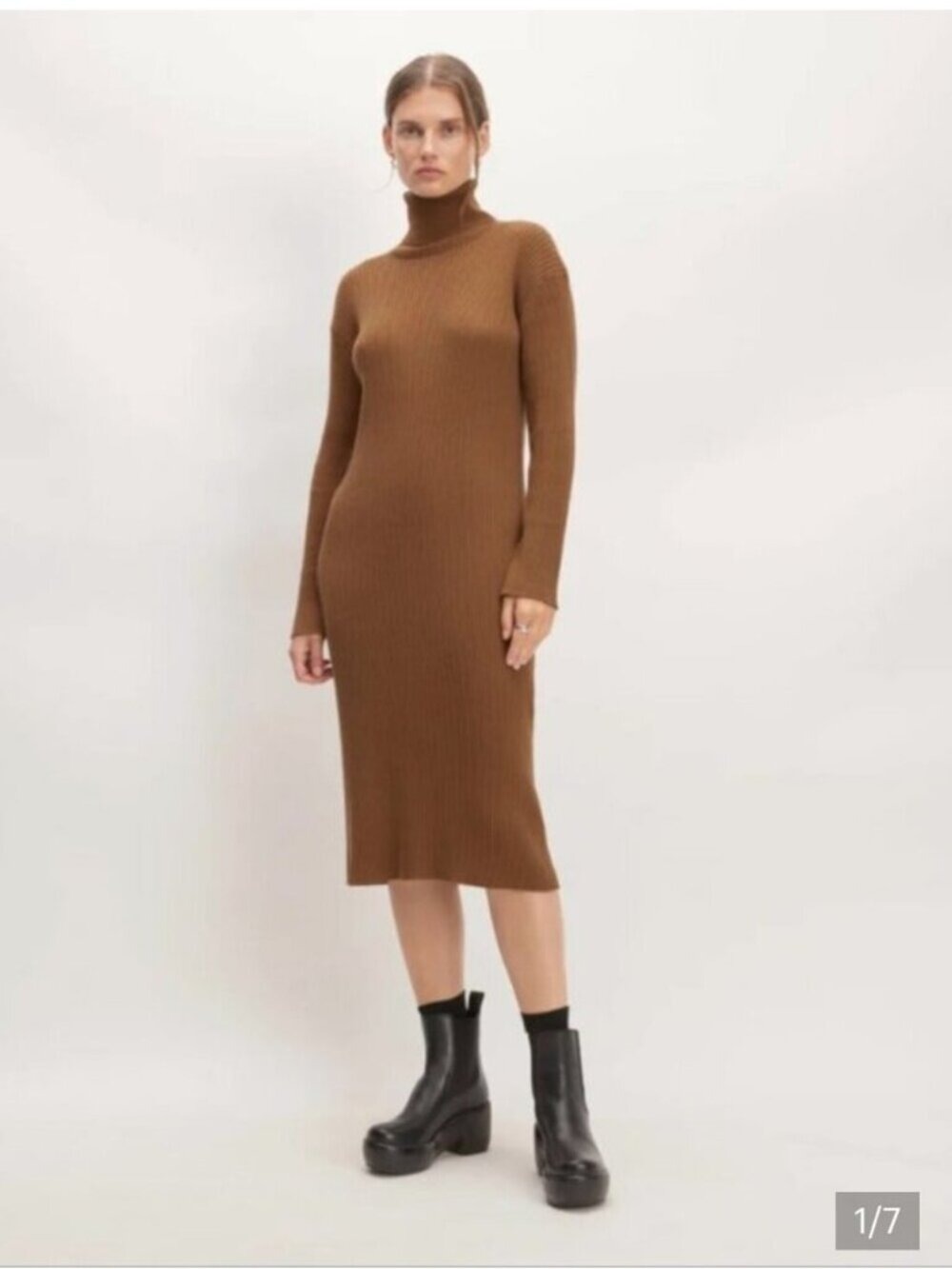 NWT EVERLANE | The Cotton-Merino Turtleneck Dress Ribbed Brown Sz M